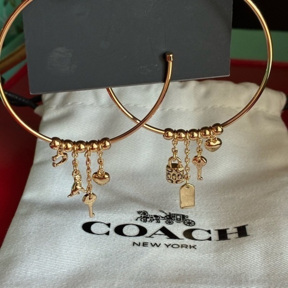 COACH Earrings,Coach Gold Hoop Earrings with Charms